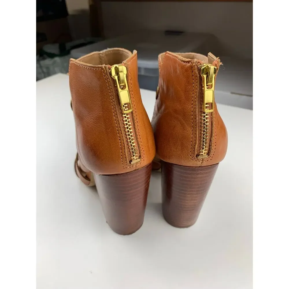 Kelsi Dagger Brooklyn KDB Peep Toe Ankle Boots Tan Leather Heels Women's 6.5